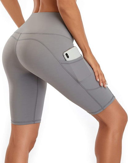 Women'S Short Yoga Side Pockets High Waist Workout Running Shorts Light Grey XS