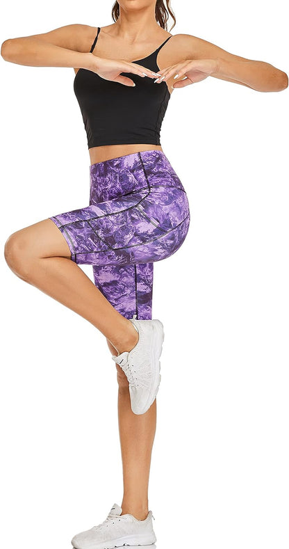 Women'S Short Yoga Side Pockets High Waist Workout Running Shorts Marble Dye Purple S