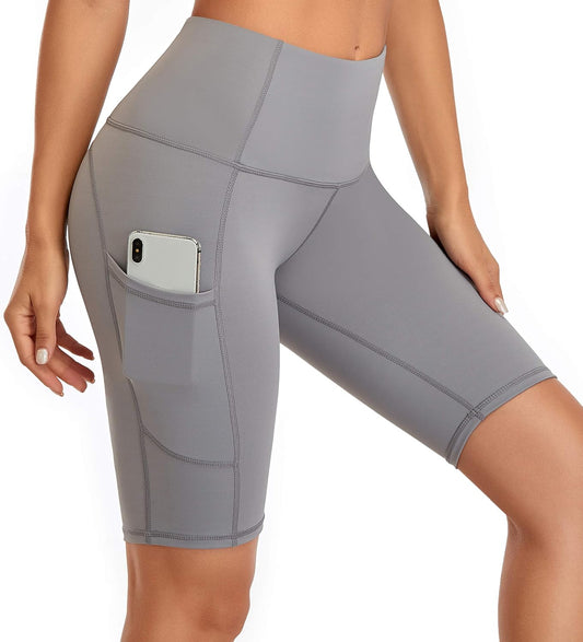 Women'S Short Yoga Side Pockets High Waist Workout Running Shorts Light Grey XS