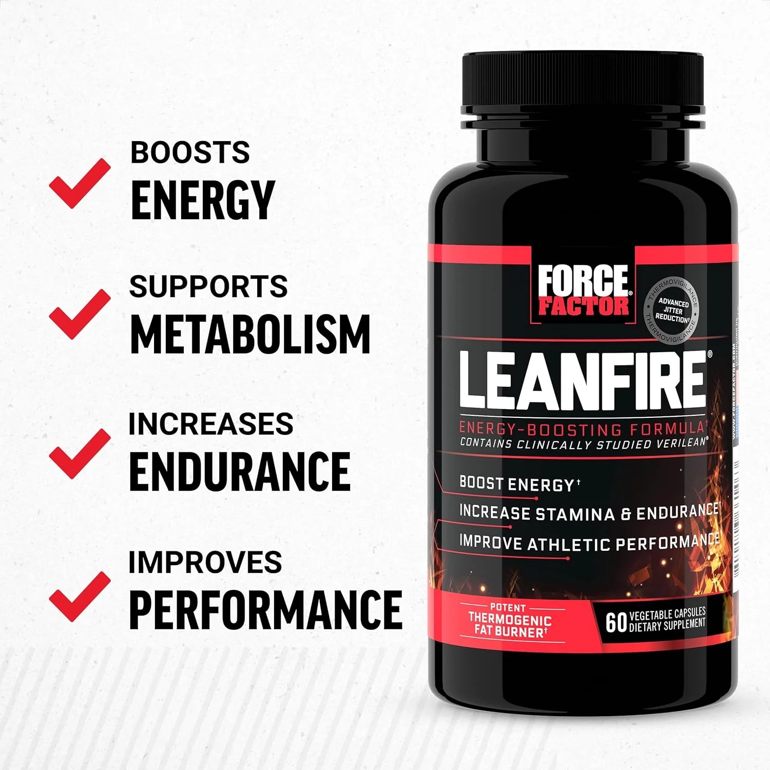 Leanfire Pre Workout Energy Pills with Green Tea Extract and Caffeine to Increase Energy, Build Lean Muscle, Black, 60 Count (Pack of 1), Package May Vary