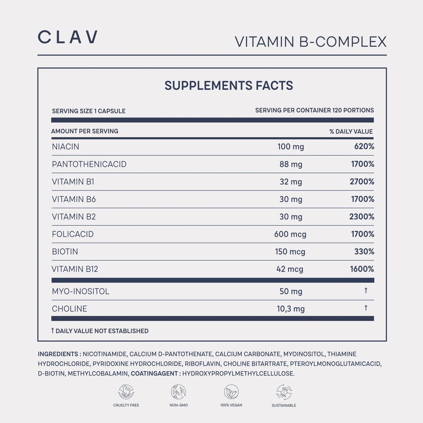 Vitamin B Complex 120 Capsules All 8 B Vitamins with Co Factors Myo Inositol