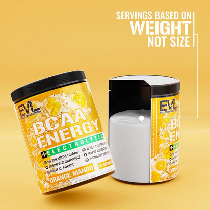 EVL Bcaas Amino Acids Powder - BCAA Energy Pre Workout Powder for Muscle Recovery Lean Growth and Endurance - Rehydrating Post Workout Recovery Drink with 6 Key Electrolytes - Orange Mango